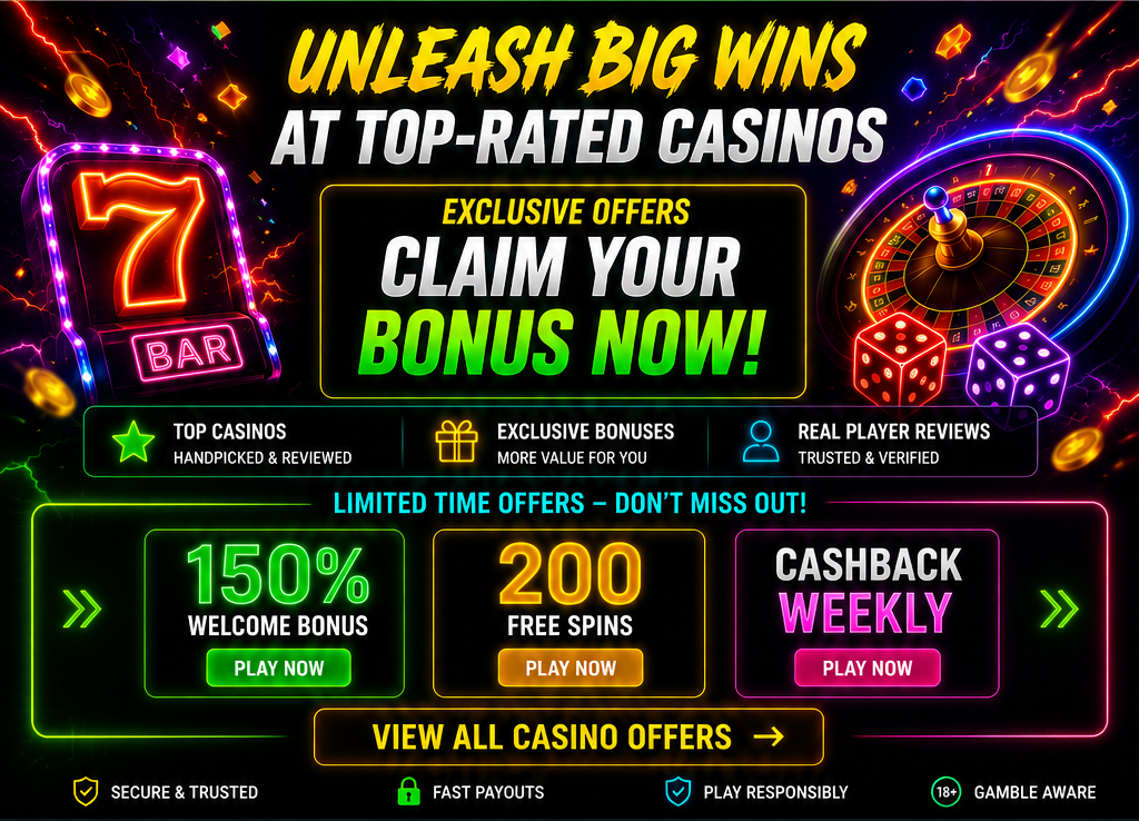 Neon casino advertising hero featuring online casino offers